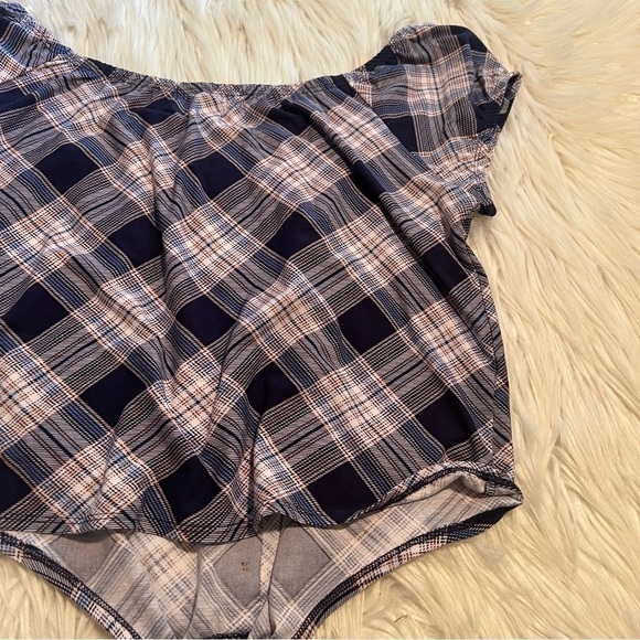 No Comment Off Shoulder Top Navy Plaid - Picture 9 of 11